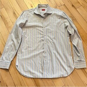 Isaia Napoli Striped Button-Down Shirt 16.5 42 navy, tan, white, blue cotton